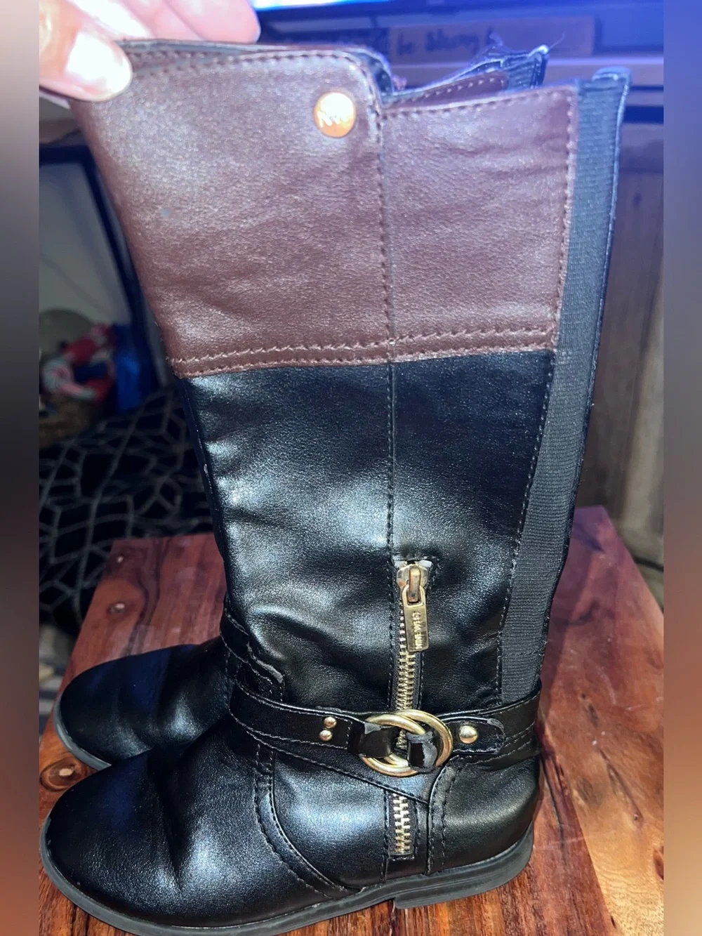 Nine West Girls Juno Tall Riding Boots Black Brown Gold Size 11